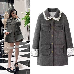 2025秋冬新品经典复古千金风洛可可重工钉珠花边袖人字呢外套大衣