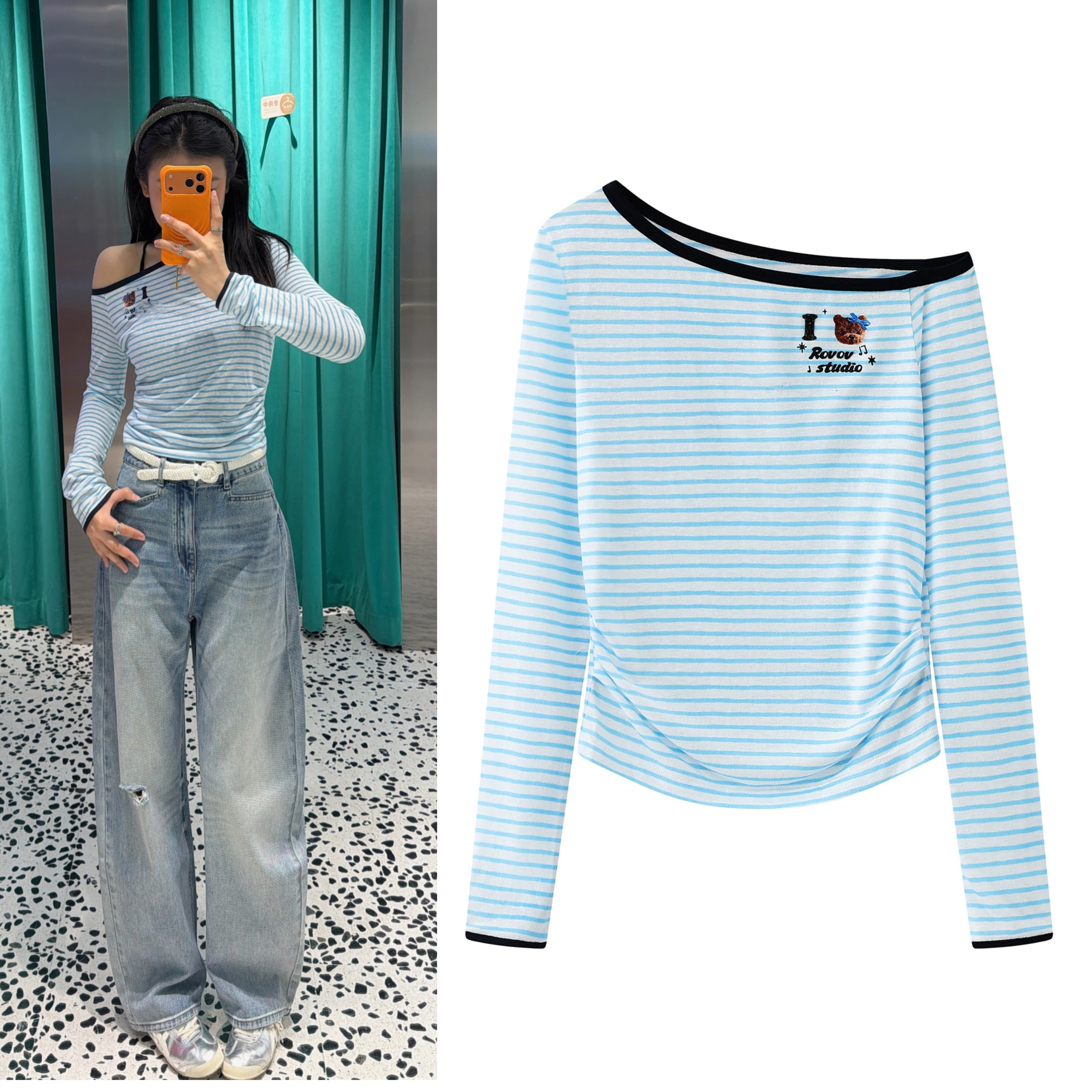 2026春夏新品清新海军风蓝白条纹斜漏肩鱼子酱碎钻薄款长袖T恤