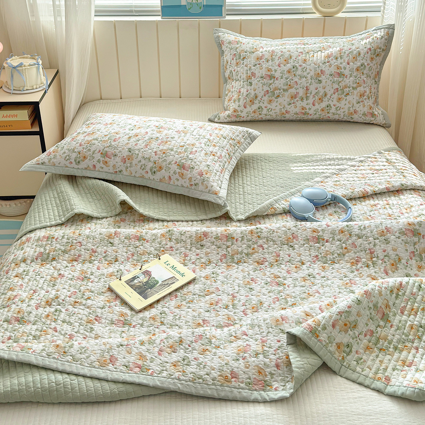 韩式博主风双面全棉水洗棉床盖四季亲肤纯棉加厚防滑床单床罩被单