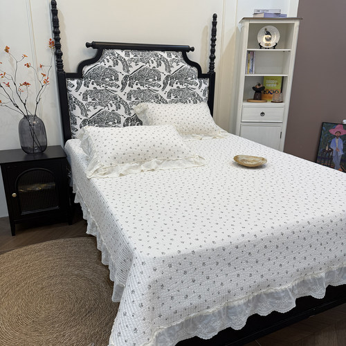 韩式田园风双面全棉床盖三件套花边款夹棉加厚纯棉防滑床单床罩