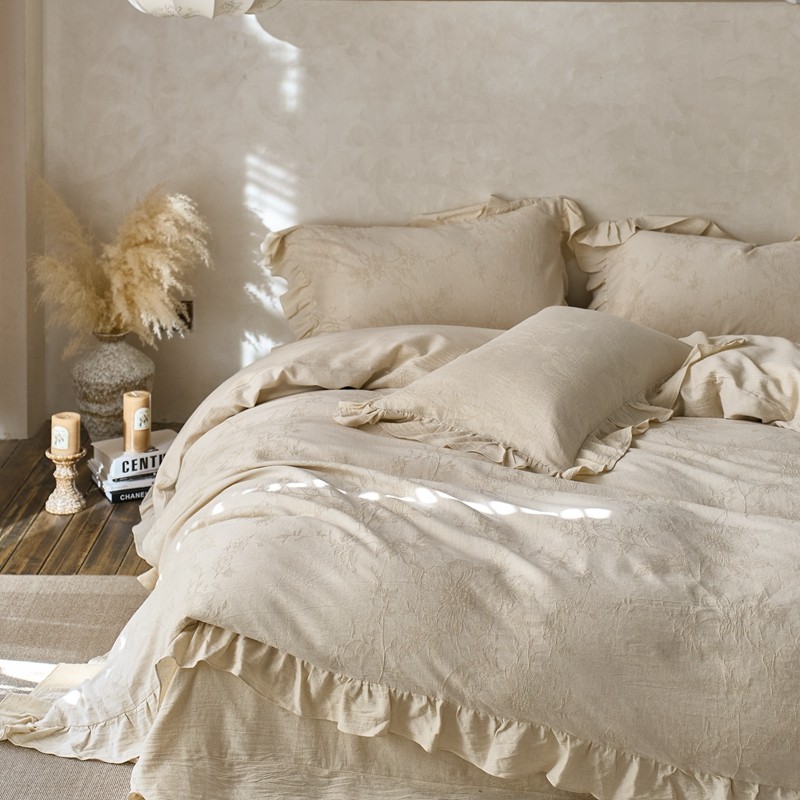 法式复古风A类棉麻床上四件套亚麻荷叶花边被套床单轻奢风床品1.8