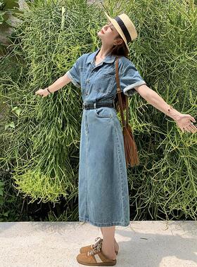 实拍蓝色复古牛仔连衣裙女2026春夏新款法式显瘦少女感减龄衬衫裙