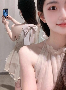2026粉色挂脖蝴蝶结不规则下摆连衣裙温柔风无袖御姐女神气质