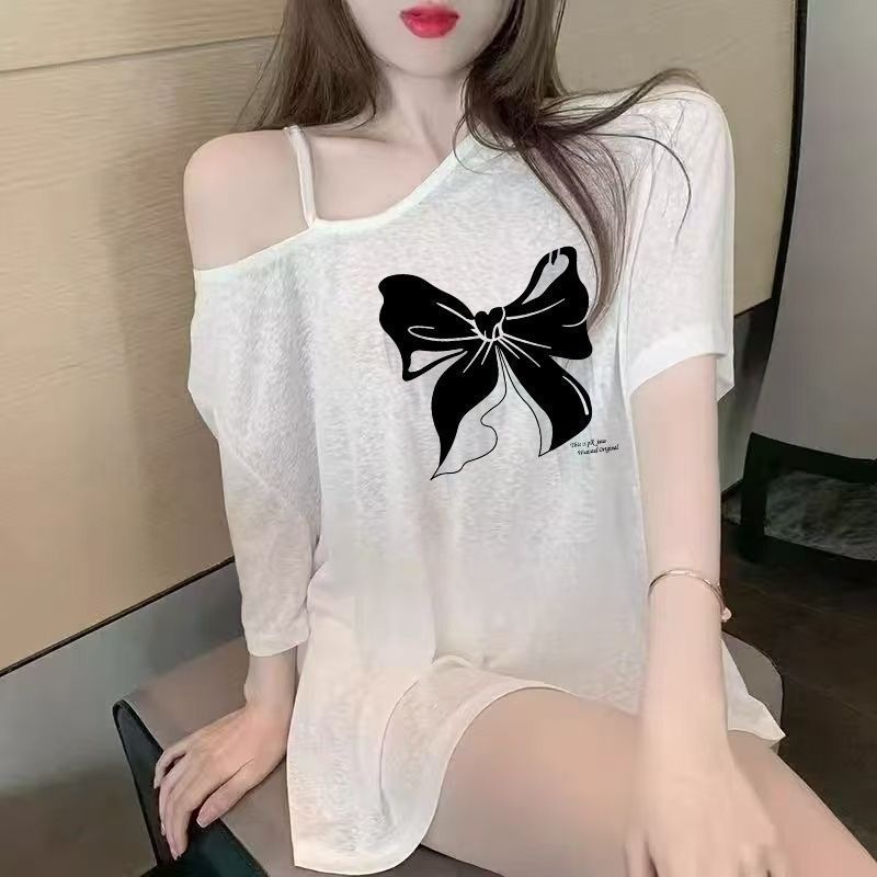 微透罩衫露肩t恤白色夏季薄款女宽松时尚防晒短袖清新上衣薄纱