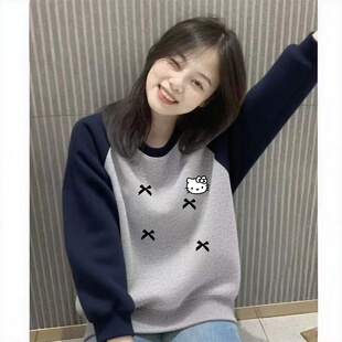 卫衣女长袖圆领拼色插肩袖宽松短款设计加绒学生显瘦套头保暖上衣