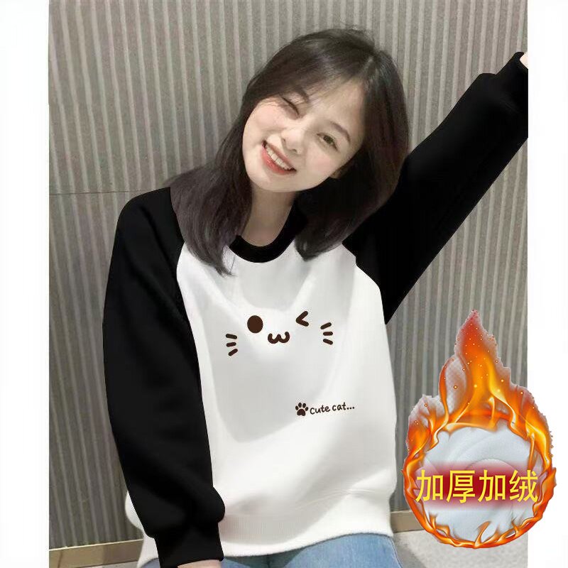 卫衣女长袖圆领拼色插肩袖宽松短款设计加绒学生显瘦套头保暖上衣