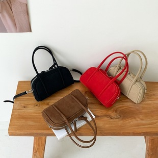 欧比 秋冬款麂皮绒质感时尚复古保龄球手提包洋气纯色ins风斜挎包