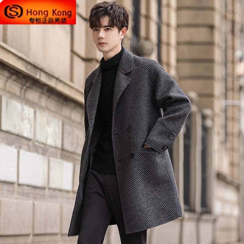 双面羊绒大衣男中长款秋冬季菱形纹宽松羊毛呢子双排扣男士潮