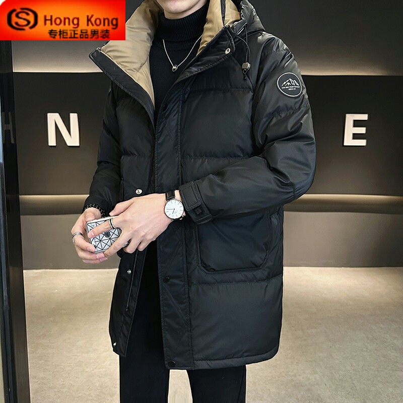 羽绒服男中长款冬季2024新款潮牌连帽加厚青年白鸭绒防寒男士外套