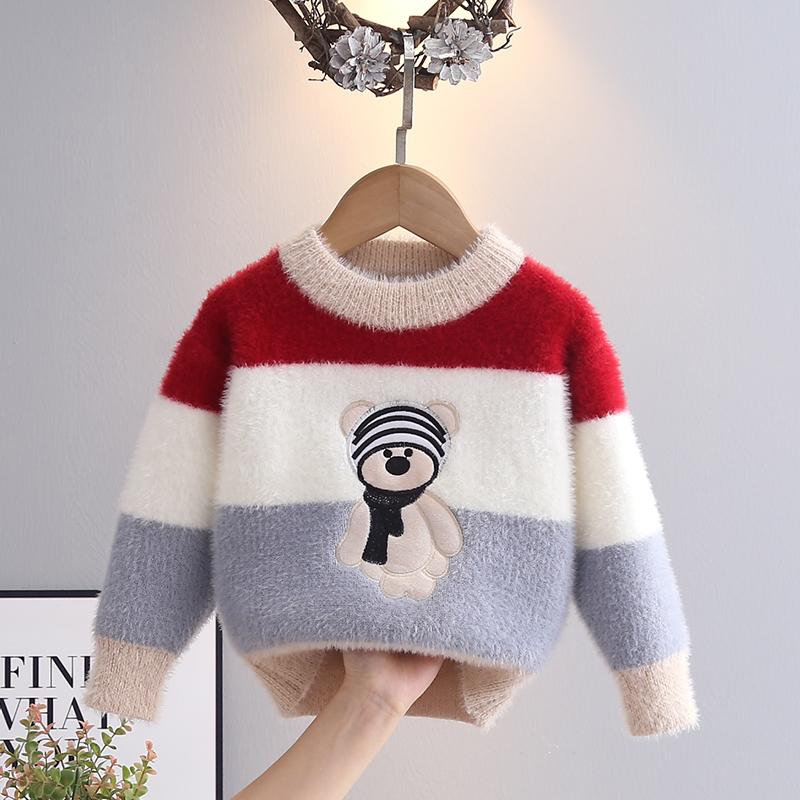 男童秋冬毛衣卡通水貂绒针织衫小童宝宝圆领中大童加厚保暖打底衫