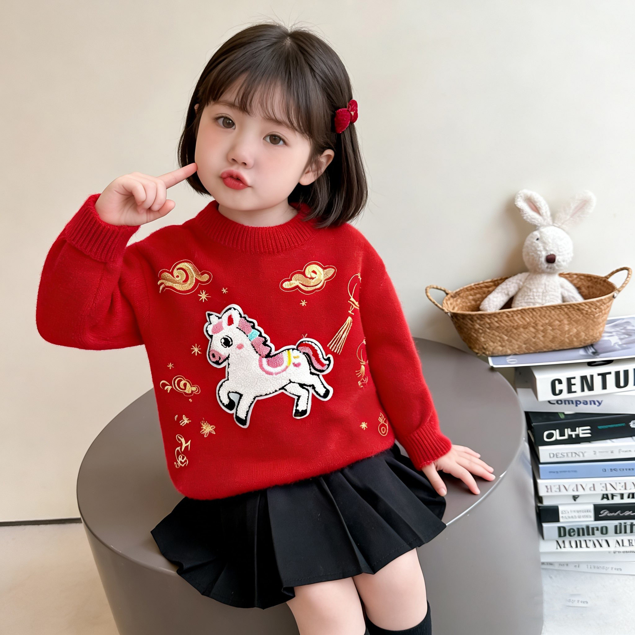 儿童新年毛衣红色过年服小马女宝宝卡通加绒针织衫男孩加厚打底衫,童装/婴儿装/亲子装,毛衣/针织衫,淘宝优惠券,粉丝福利购,淘宝优惠卷