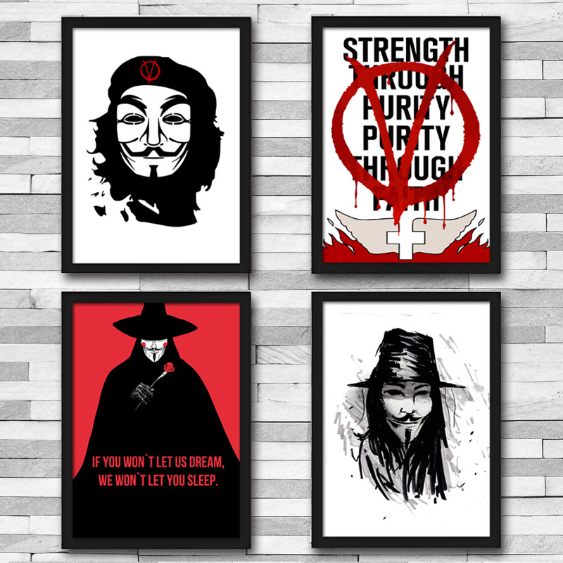 v字仇杀队电影海报 v for vendetta带框装饰画 实木有框挂画照片