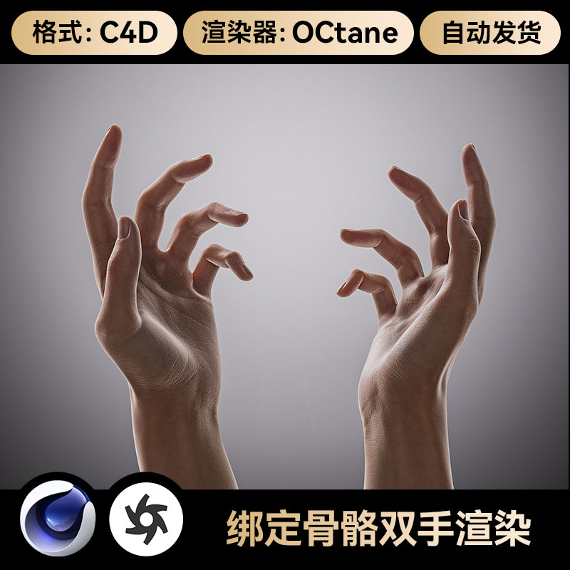 绑定骨骼手/手势/左右手双手模型C4D素材obj/fbx格式oc渲染贴图