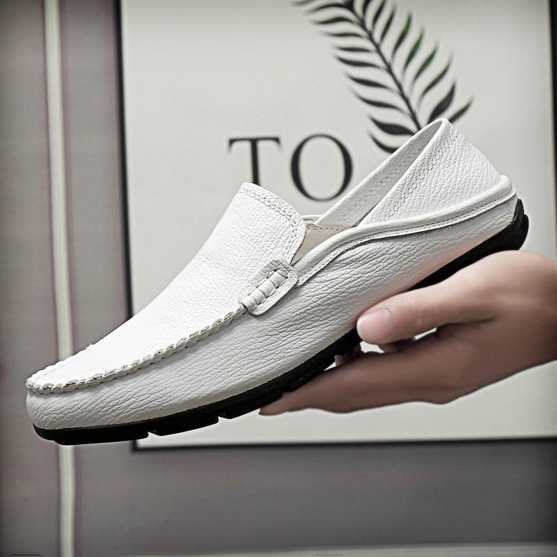 白色豆豆鞋男真皮头层牛皮软底透气舒适一脚蹬男士休闲皮鞋驾车鞋