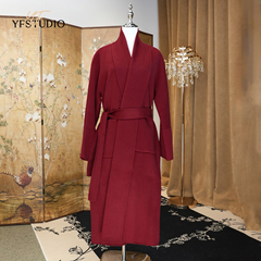YF 双面羊绒红色毛呢大衣2024秋冬中长款韩版大翻领宽松呢子外套