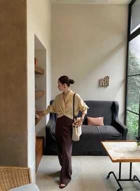 法式气质设计感天丝棉套头长袖衬衣扭结收腰V领休闲宽松衬衫C8623