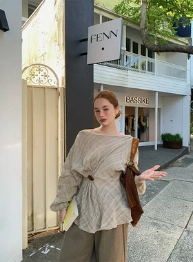 26早春韩系复古褶皱肌理感天丝麻斜肩衬衣气质通勤百搭显瘦C8566
