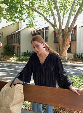 韩国ins系带V领褶皱泡泡袖衬衫宽松显瘦衬衣女气质通勤上衣C8567