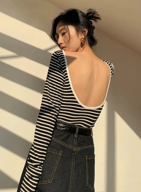 春新款韩版露背上衣性感长袖修身条纹t恤女81095