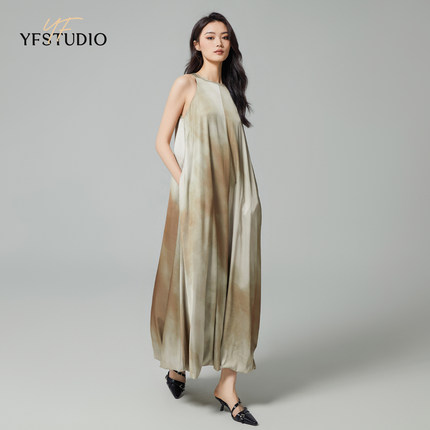 YF新中式国风水墨晕染无袖花苞长裙女2024夏新款气质高级感连衣裙