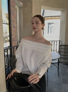 韩国chic简约长袖一字领宽松套头衬衫简约风气质露肩衬衣女C8508