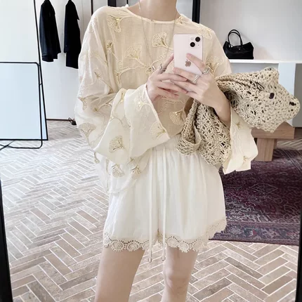 夏上新法式肌理感重工珠片绣慵懒随性防晒休闲衬衫女