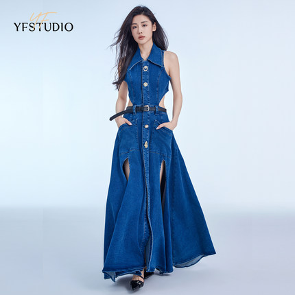YF 夏季新款复古御姐风高级感长款修身设计感镂空牛仔裙连衣裙