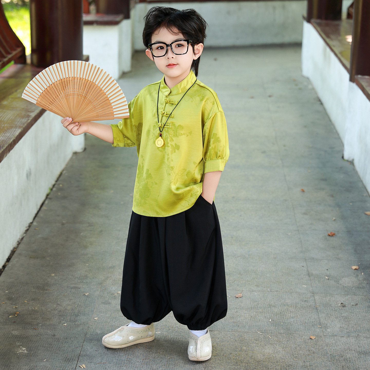 男童夏装唐风轻薄汉服灯笼裤套装图片