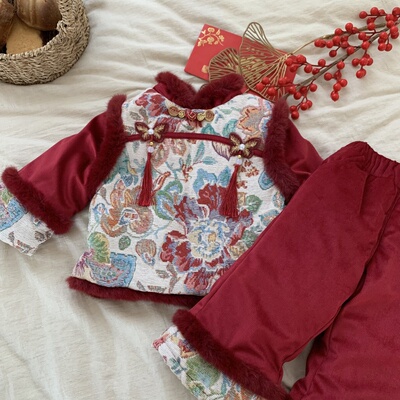 女童童拜年服喜庆汉服冬装儿童过年服宝宝新年加厚套装2026年服