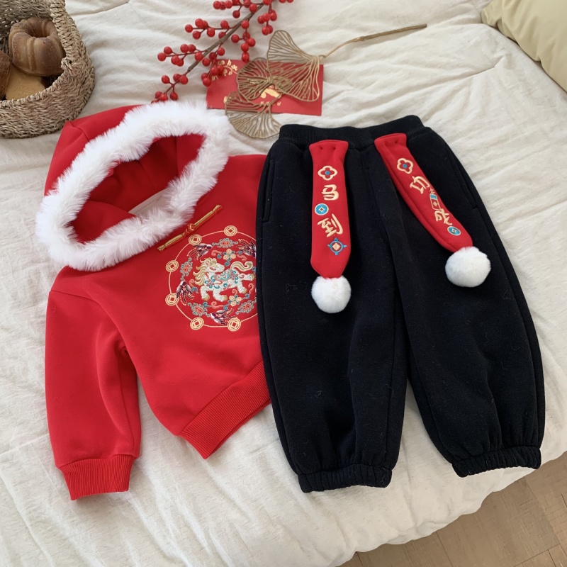 26儿童新年马年新年款冬装周岁刺绣加绒卫衣套装男女元旦表演服