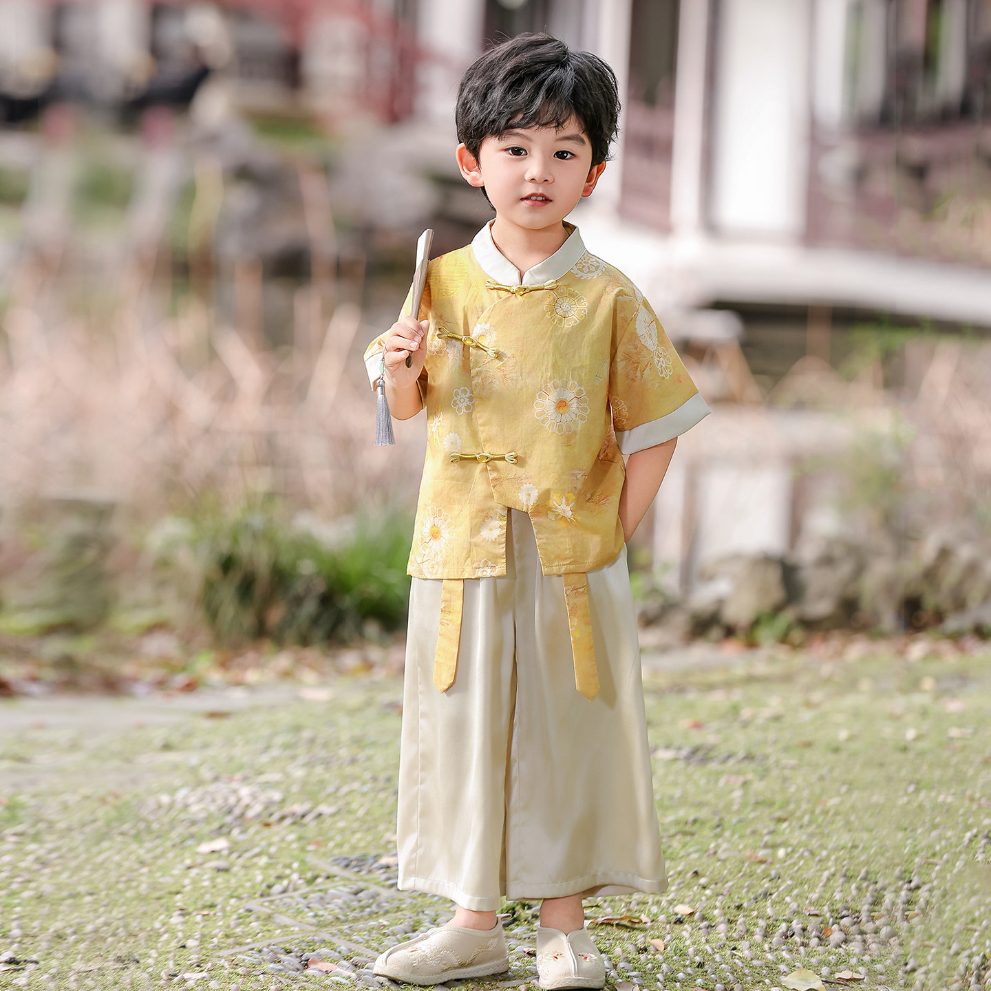 男童夏季棉布短袖汉服两件套装图片