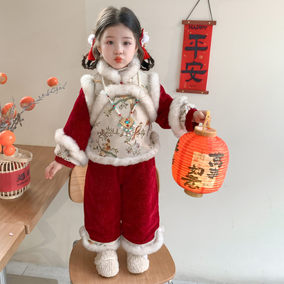 女童2026拜年服喜庆汉服冬装女孩过年服宝宝加厚裤子套装年服可爱
