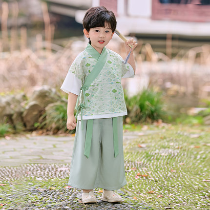 239男童宋制汉服交领短袖棉布汉服轻薄儿童夏分体套装清新演古装