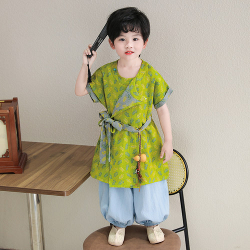 儿童汉服唐风轻薄夏装男女童圆领棉袍子分体古风表演国学裤装
