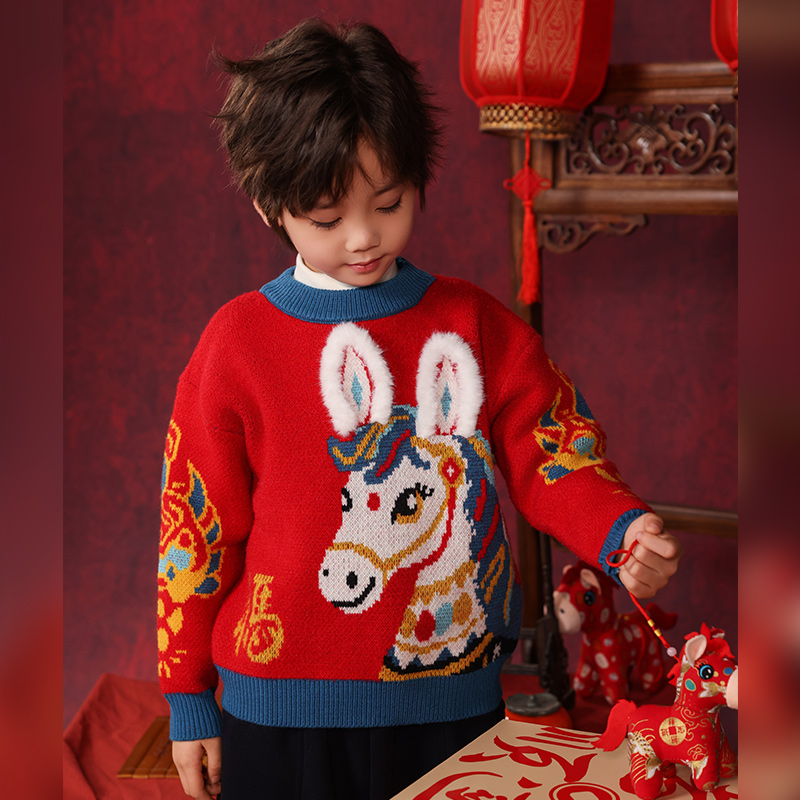 中大童喜庆新年毛衣年服织花针织衫元旦男女童保暖衣打底衫上衣冬