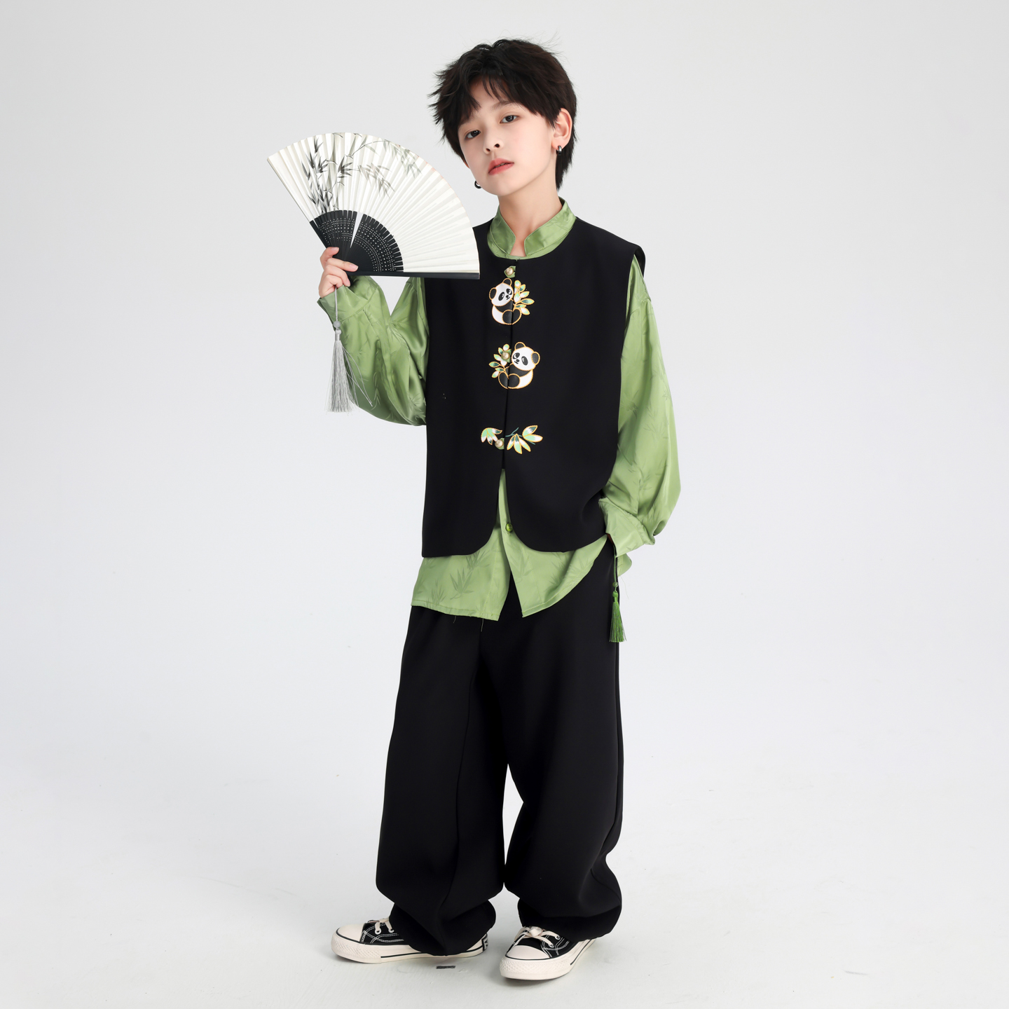 男童日常汉服唐装熊猫马甲三件套装个性设计款痞帅潮酷轻国风秋装