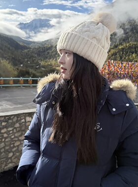 麻花针织毛线帽子女秋冬季加厚护耳大头围百搭休闲户外旅行毛球帽