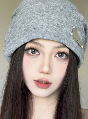 灰色金属装饰堆堆帽女秋冬显脸小保暖冷帽护耳百搭慵懒风包头帽子