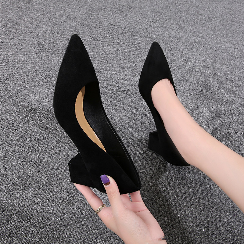 高跟鞋女春5cm工装鞋女夏黑色工作鞋 舒适久站软底绒面粗跟单鞋女