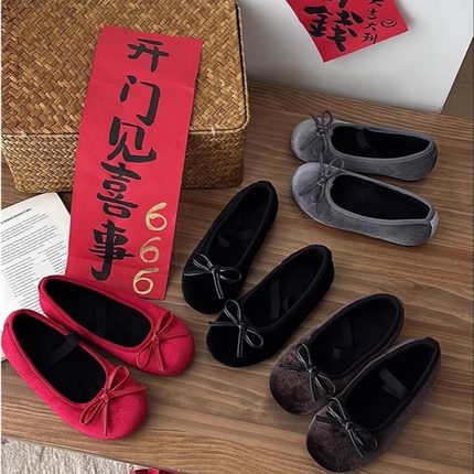 韩版儿童新中式国风公主鞋秋冬新款女童洋气优雅绒面单鞋亲子棉鞋