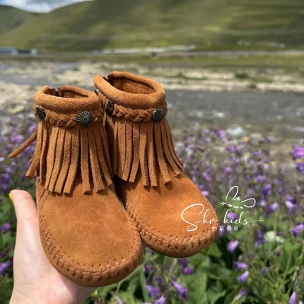 西部流苏靴女童真皮软底手工短靴2025秋新款韩国童靴头层皮马丁靴