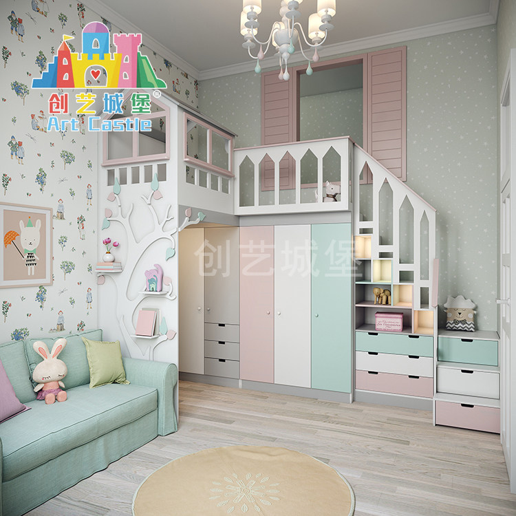 韩式多功能组合单床游乐场带梯柜储物儿童实木床城堡床女孩房子床