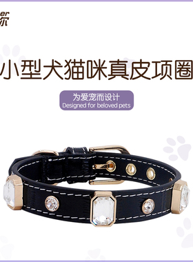 阿奇尔 方钻彩钻石真皮宠物项圈小型犬猫咪狗颈圈