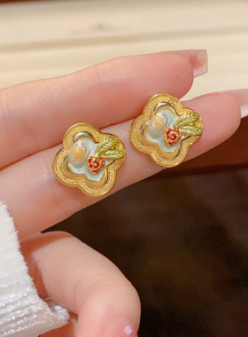 法式复古时尚甜美百搭花朵四叶花耳钉气质轻奢小巧简约设计感耳环