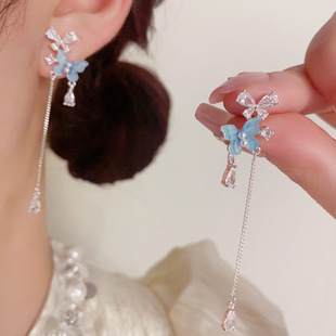 流苏耳坠轻奢小清新设计感耳环 夏季 新款 时尚 甜美百搭蓝色蝴蝶长款
