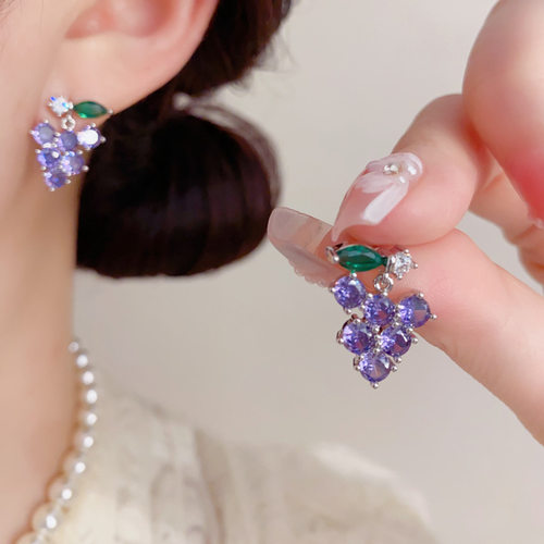 小清新时尚甜美简约锆石葡萄流苏耳环精致轻奢百搭设计感超闪耳饰