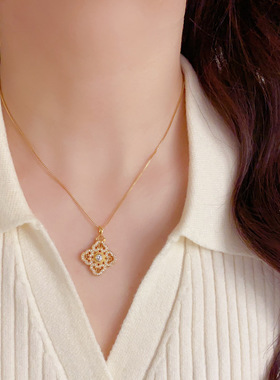 小众时尚轻奢设计感满钻四方如意吊坠项链气质精致百搭超闪颈链女