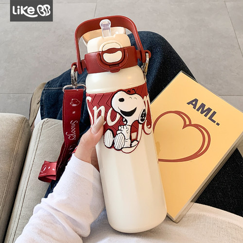 史努比保温杯女生带吸管水杯女2025新款高颜值可爱便携大容量杯子