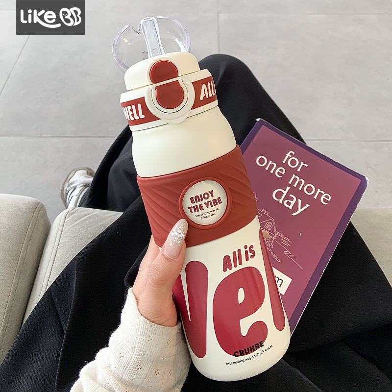 简约保温杯女生吸管双饮水杯女新款2025高颜值大容量便携学生杯子