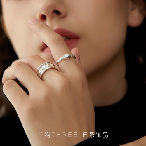 日本松本惠奈风~925银纯银褶皱纹理戒指日系设计不规则冷淡风